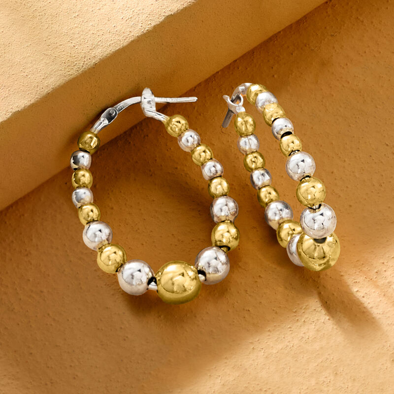 Italian 3-6mm Sterling Silver and 18kt Gold Over Sterling Bead Oval Hoop Earrings. 1 1/8" image number 2