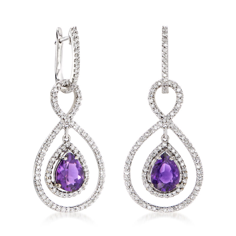 C. 1990 Vintage 2.20 ct. t.w. Amethyst and 1.05 ct. t.w. Diamond Drop Earrings in 14kt White Gold image number 2