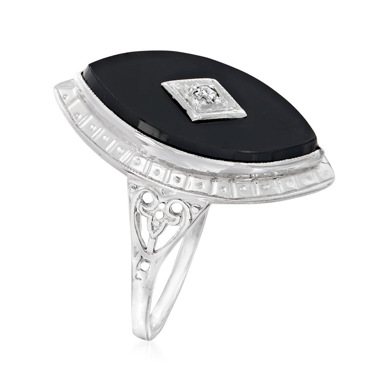 C. 1950 Vintage Black Onyx Ring with Diamond Accents in 14kt White Gold image number 2