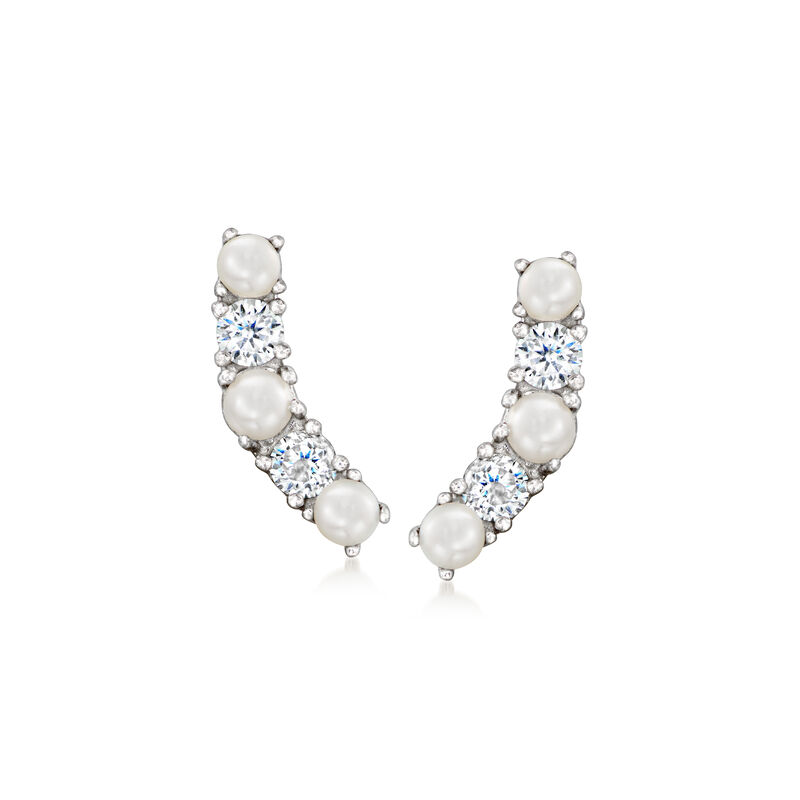 2-2.5mm Cultured Pearl and .20 ct. t.w. CZ Ear Climbers in Sterling Silver  image number 0