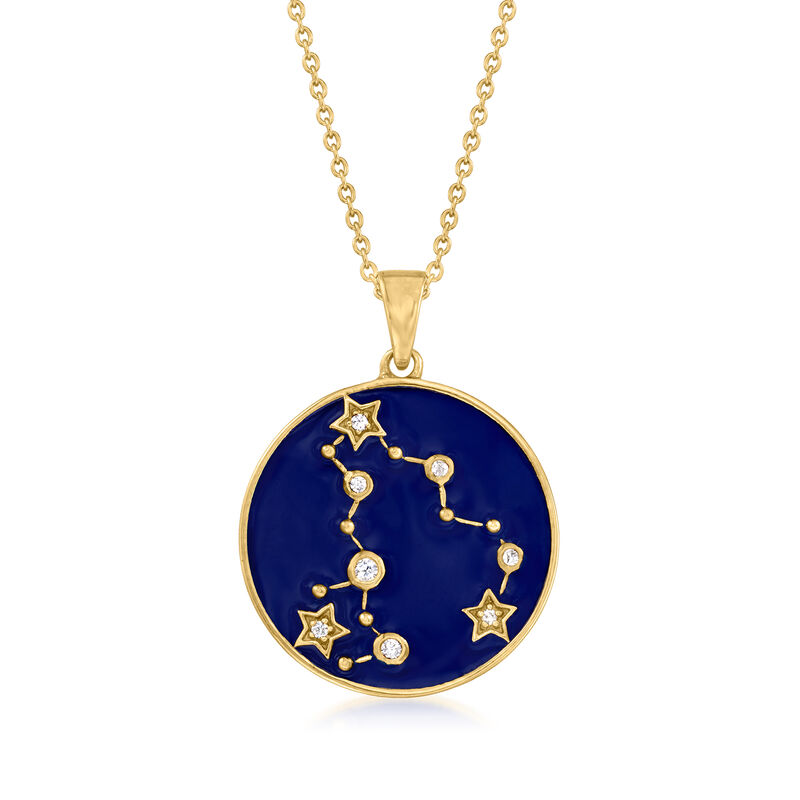 Pisces - White Zircon and Blue Enamel Zodiac Constellation Pendant Necklace in 18kt Gold Over Sterling. 18" image number 0