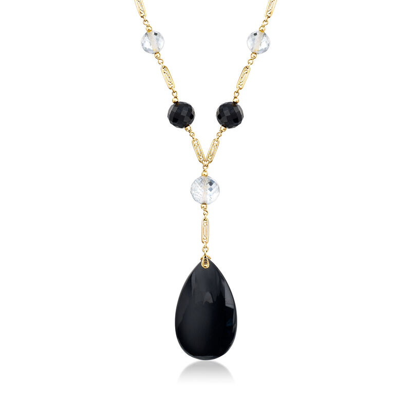 C. 1970 Vintage Onyx and 26.00 ct. t.w. Rock Crystal Bead Station Necklace in 14kt Yellow Gold. 15.75" image number 0