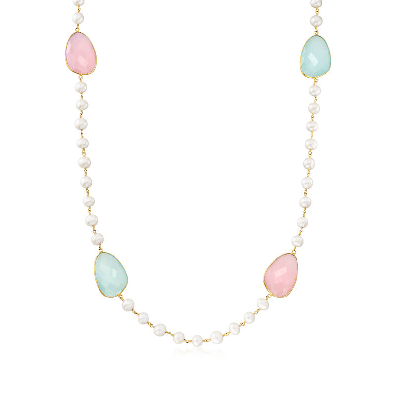 8-8.5mm Cultured Pearl and Multicolored Chalcedony Endless Necklace in 18kt Gold Over Sterling image number 0