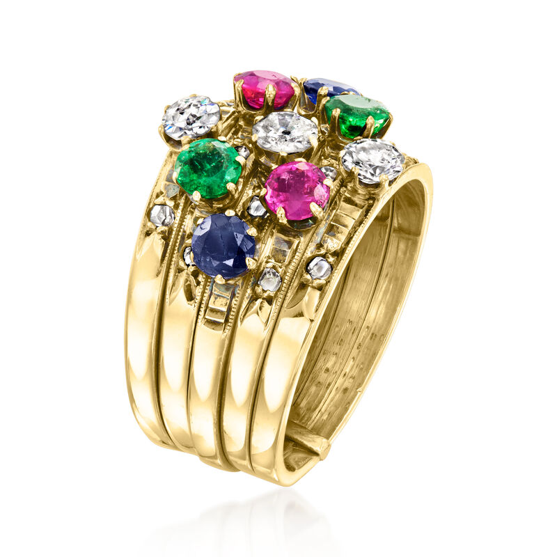 C. 1960 Vintage 1.40 ct. t.w. Multi-Gemstone and .65 ct. t.w. Diamond Multi-Row Ring in 14kt Yellow Gold. Size 6.5 image number 2