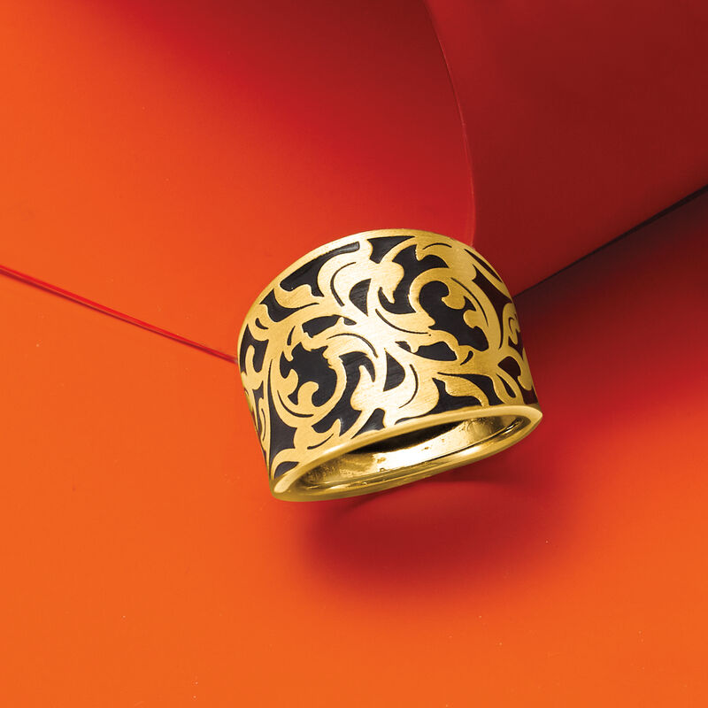 Italian Black Enamel and 14kt Yellow Gold Scrollwork Ring image number 5