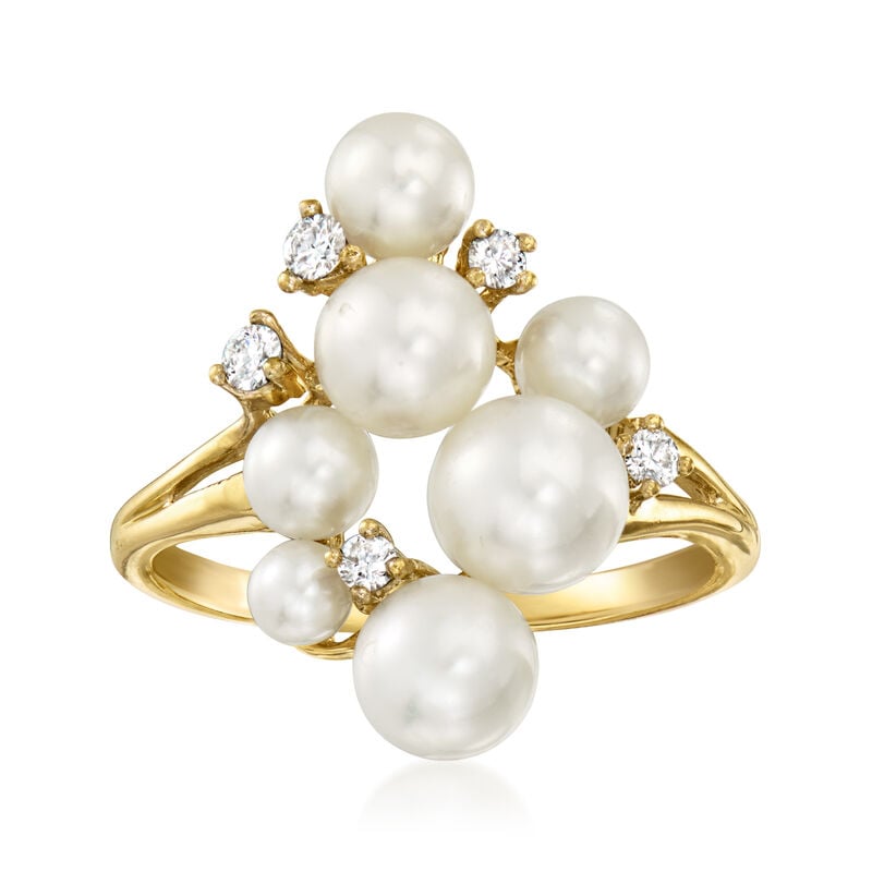 C. 2000 Vintage 3-6mm Cultured Pearl and .10 ct. t.w. Diamond Cluster Ring in 10kt Yellow Gold. Size 7 image number 0