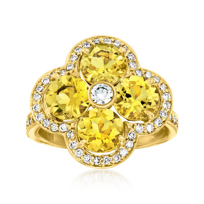 C. 1990 Vintage 3.00 ct. t.w. Beryl and .66 ct. t.w. Diamond Clover Ring in 18kt Yellow Gold