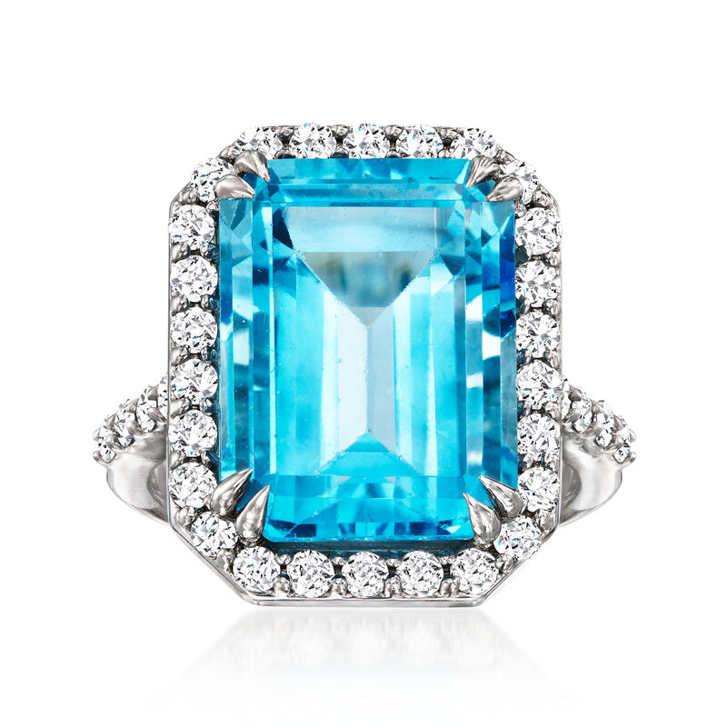 C. 1990 Vintage 15.50 Carat Swiss Blue Topaz Ring with 1.25 ct. t.w. Diamonds in 14kt White Gold. Size 6.5 image number 0