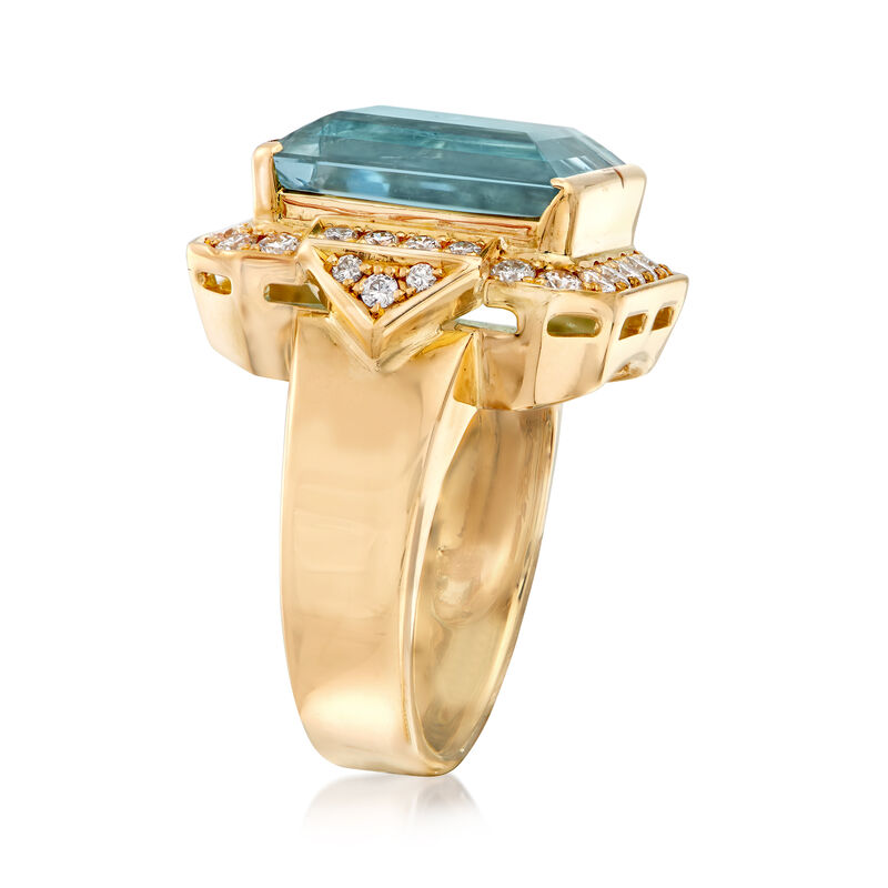 C. 1980 Vintage 9.40 Carat Emerald-Cut Aquamarine and .68 ct. t.w. Diamond Ring in 18kt Yellow Gold image number 2