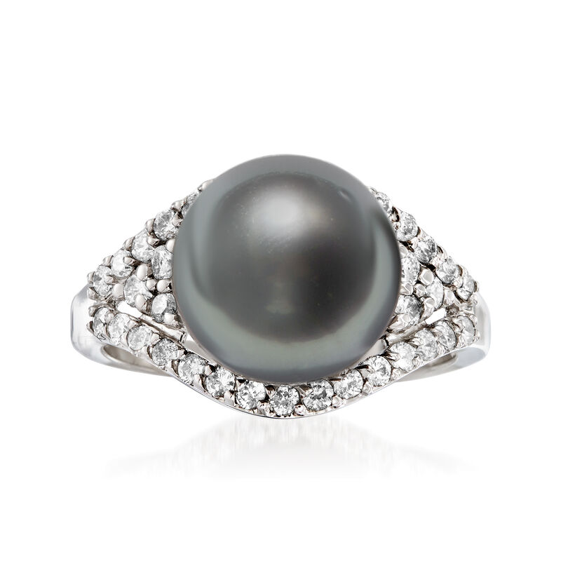 11mm Black Cultured Tahitian Pearl and .59 ct. t.w. Diamond Ring in 14kt White Gold image number 0