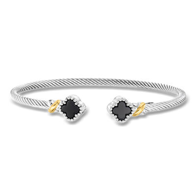 Phillip Gavriel "Italian Cable" Onyx Clover Cuff Bracelet in Sterling Silver with 18kt Yellow Gold