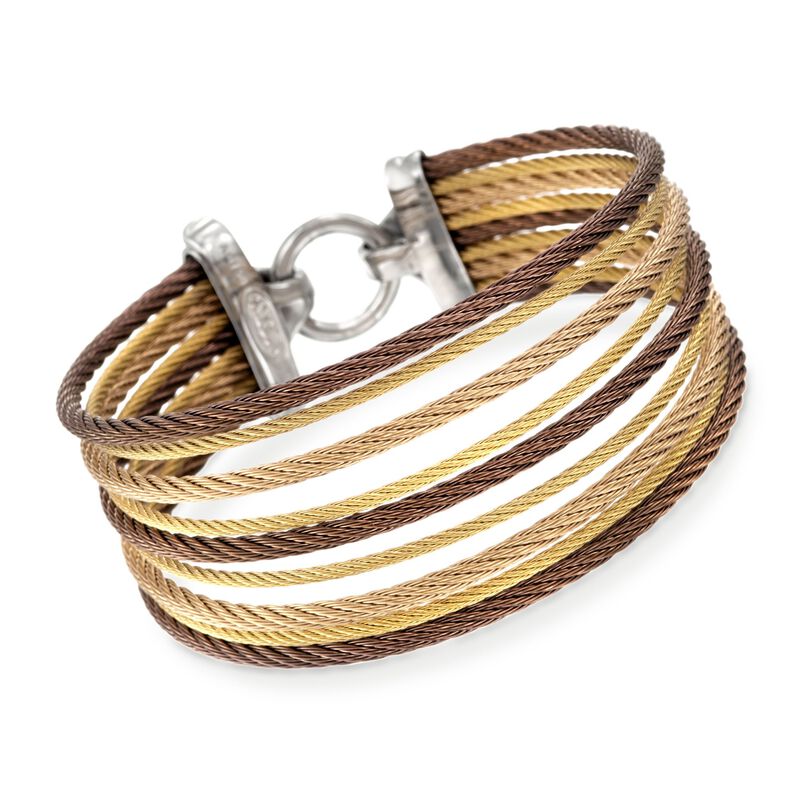 ALOR &quot;Classique&quot; Tri-Colored Stainless Steel Multi-Cable Bracelet with 18kt Yellow Gold. 7&quot; image number 0