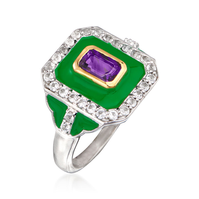.50 Carat Amethyst, .50 ct. t.w. White Topaz and Green Enamel Ring in Sterling Silver with 14kt Yellow Gold image number 2