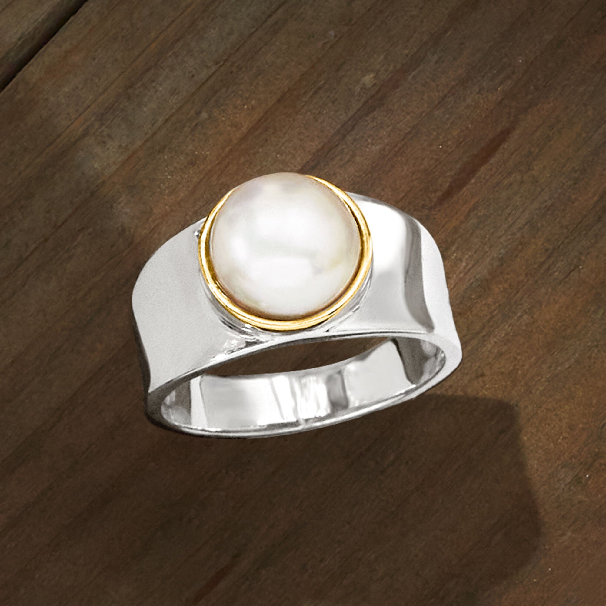 9.5 10mm Cultured Pearl Ring in Sterling Silver with 14kt Gold
