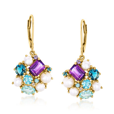 4-5mm Cultured Pearl and 4.71 ct. t.w. Multi-Gemstone Drop Earrings in 18kt Gold Over Sterling