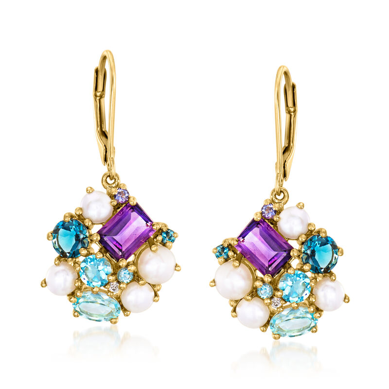4-5mm Cultured Pearl and 4.71 ct. t.w. Multi-Gemstone Drop Earrings in 18kt Gold Over Sterling  image number 0