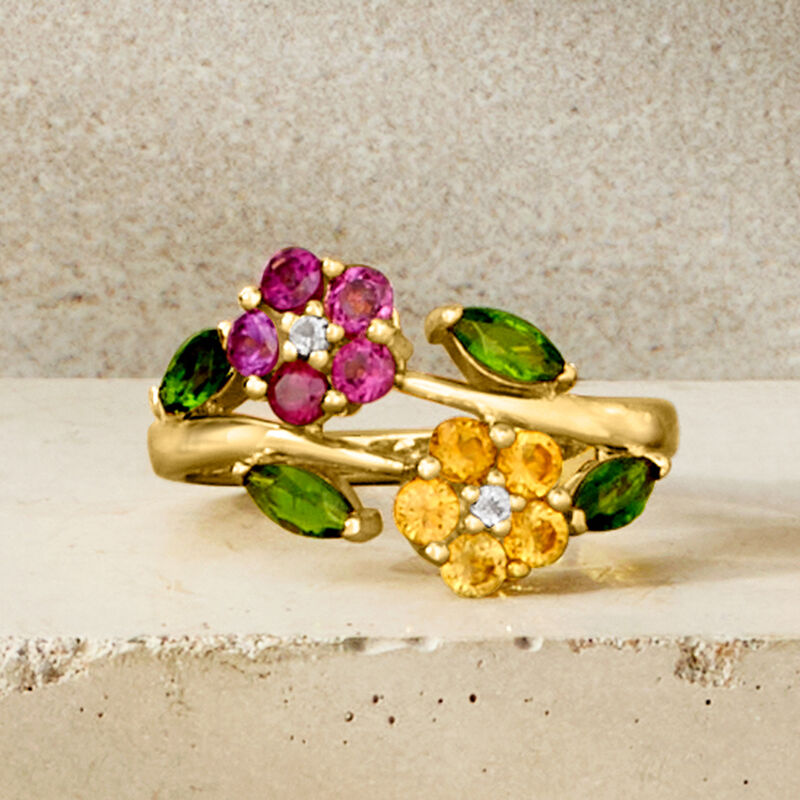 1.20 ct. t.w. Multi-Gemstone Flower Bypass Ring with White Topaz in 18kt Gold Over Sterling image number 3