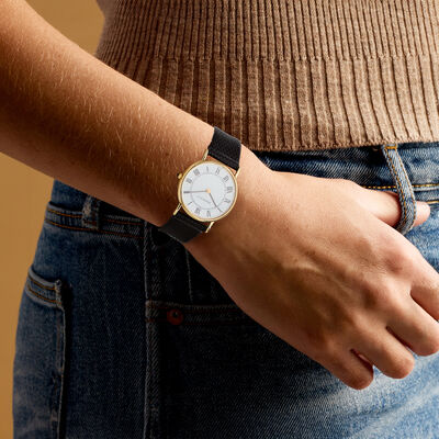 C. 1980 Vintage Tiffany Jewelry Women's 30mmm 14kt Yellow Gold Watch with Black Leather Strap