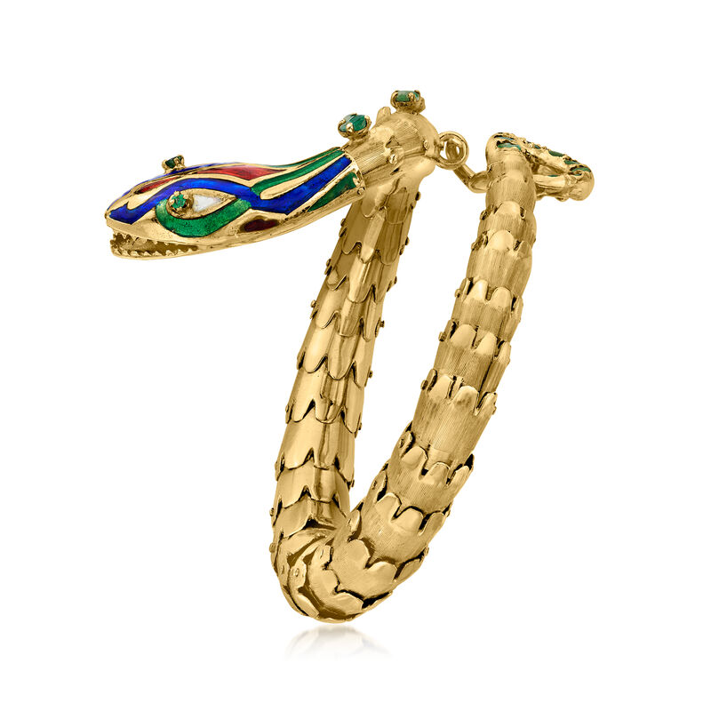 C. 1970 Vintage 1.10 ct. t.w. Emerald Snake Bangle Bracelet with Multicolored Enamel in 14kt Yellow Gold image number 2