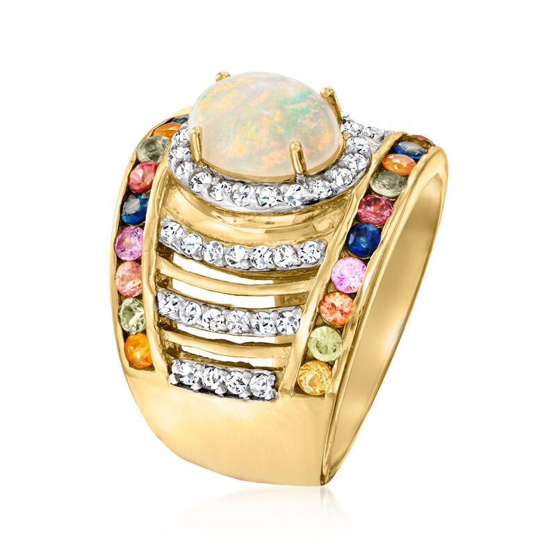 Opal Ring with 1.30 ct. t.w. Multicolored Sapphires and .60 ct. t.w. White Zircon in 18kt Gold Over Sterling image number 2