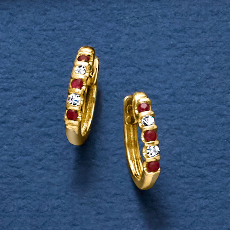 .10 ct. t.w. Ruby and .10 ct. t.w. Diamond Huggie Hoop Earrings in 14kt Yellow Gold. 3/8" image number 1