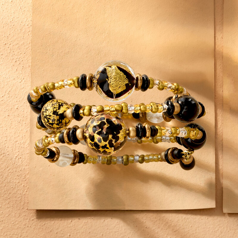 Italian Black and Gold-Colored Murano Glass Bead Wrap Bracelet  image number 2