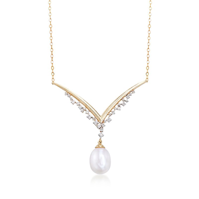 8-8.5mm Cultured Pearl and .10 ct. t.w. Diamond V-Necklace in 14kt Yellow Gold. 17&quot; image number 1