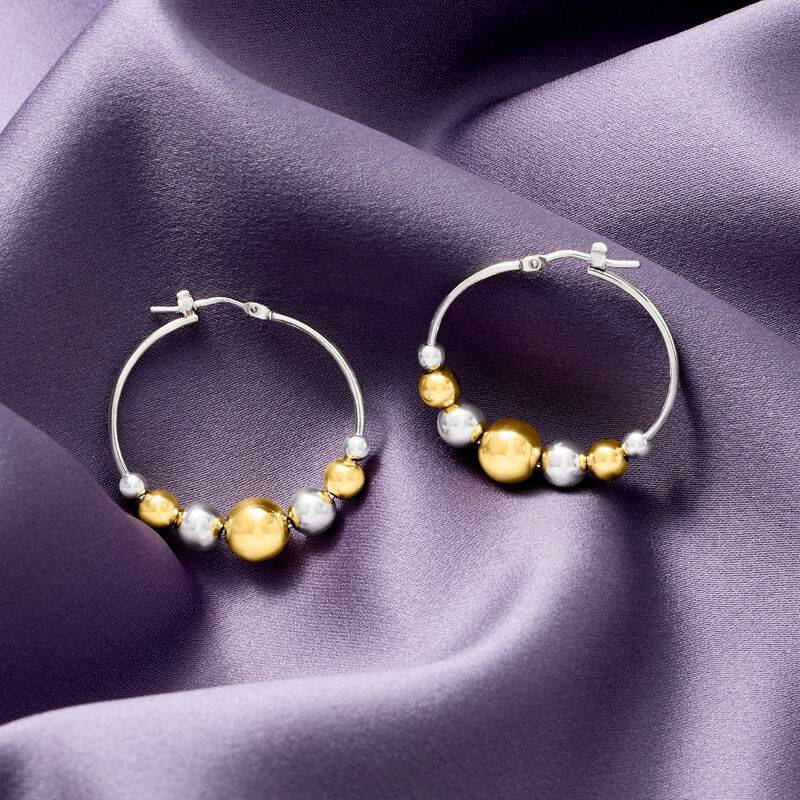 Italian Sterling Silver and 18kt Gold Over Sterling Graduated Bead Hoop Earrings. 1 1/4&quot; image number 3