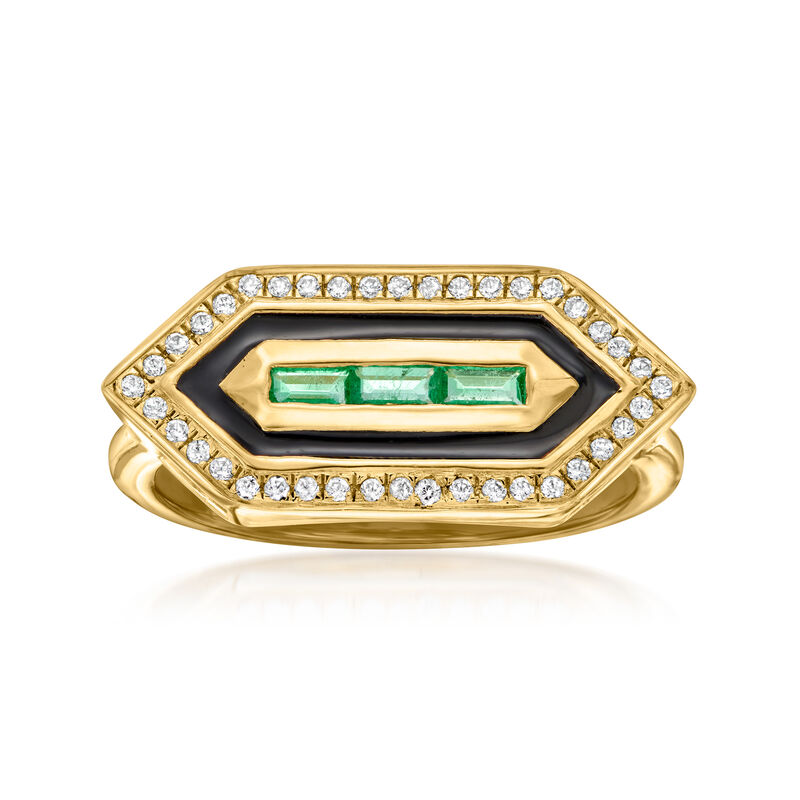 .20 ct. t.w. Emerald and .10 ct. t.w. White Topaz Art Deco-Style Ring with Black Enamel in 18kt Gold Over Sterling image number 0
