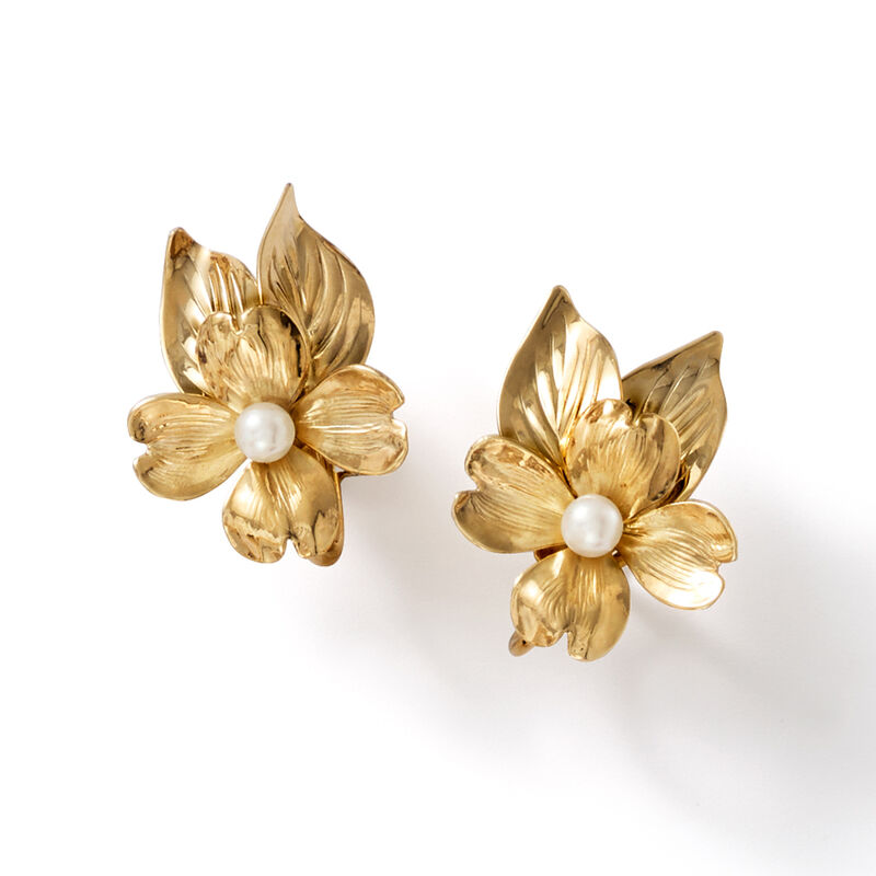 C. 1960 Vintage 4mm Cultured Pearl Flower Earrings in 14kt Yellow Gold image number 3
