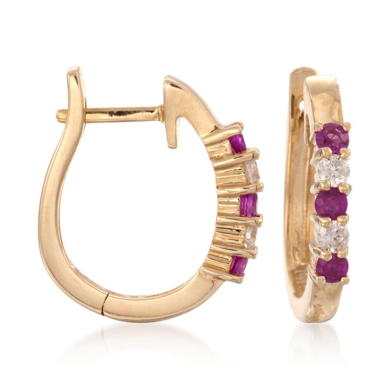 .25 ct. t.w. Ruby and .10 ct. t.w. Diamond Hoop Earrings in 14kt Yellow Gold. 1/2&quot; image number 0