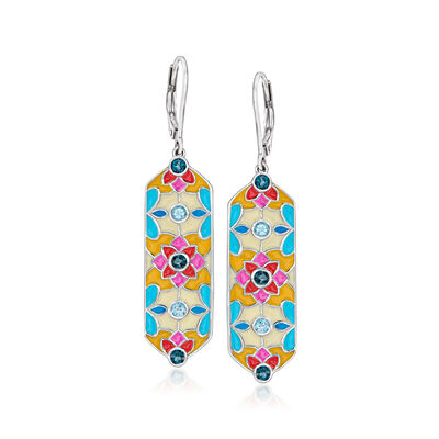 .50 ct. t.w. Swiss and London Blue Topaz Floral Drop Earrings with Multicolored Enamel in Sterling Silver