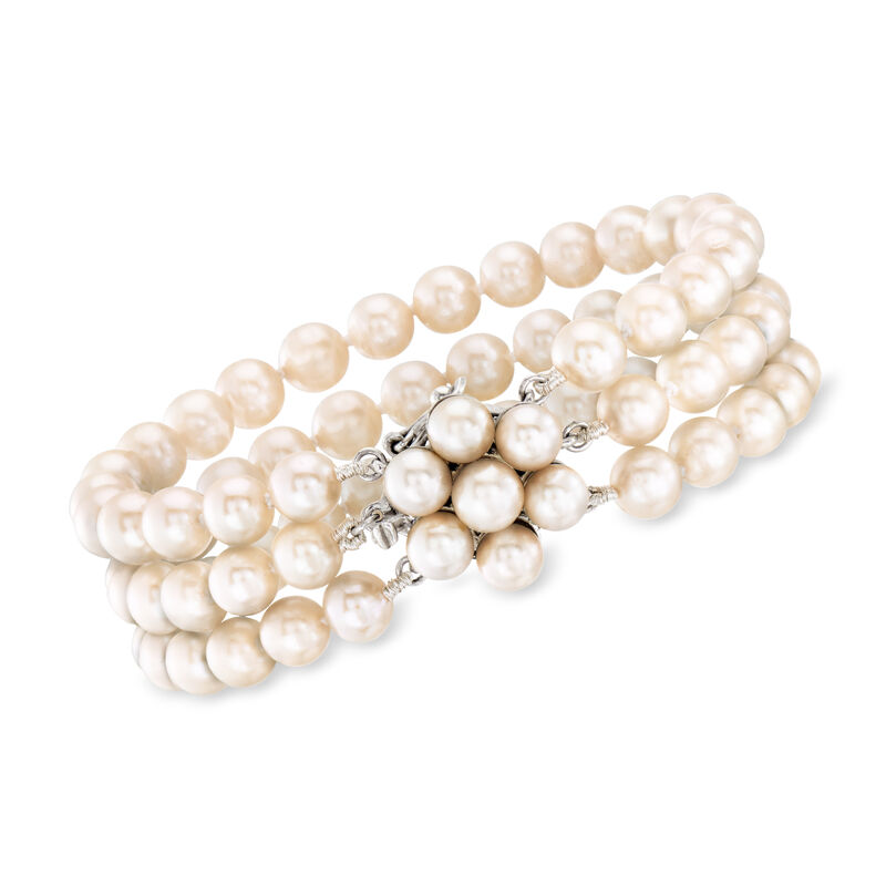C. 1980 Vintage 5-5.5mm Cultured Pearl Three-Row Bracelet in 14kt White Gold. 6.25&quot; image number 0