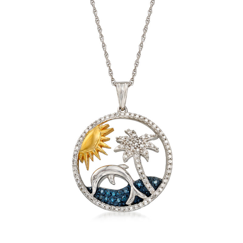 .34 ct. t.w. Blue and White Diamond Tropical Pendant Necklace in Sterling Silver and 18kt Gold Over Sterling image number 0