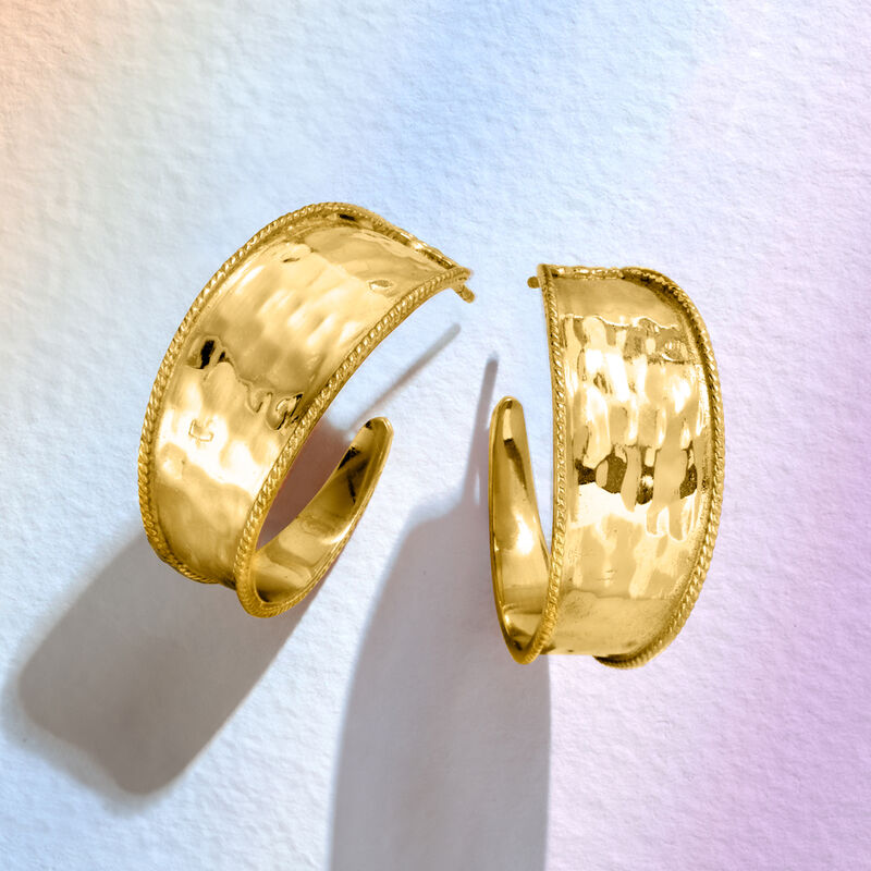 18kt Gold Over Sterling Hammered Hoop Earrings. 1 1/8&quot; image number 2