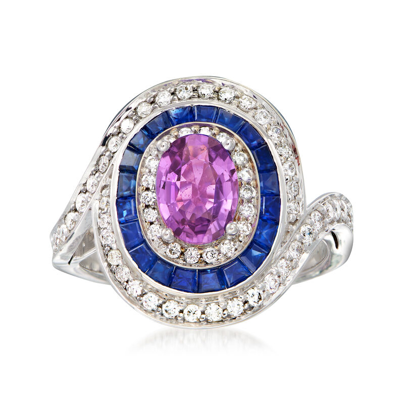 2.90 ct. t.w. Blue and Purple Sapphire Ring with .62 ct. t.w. Diamonds in 14kt White Gold image number 0