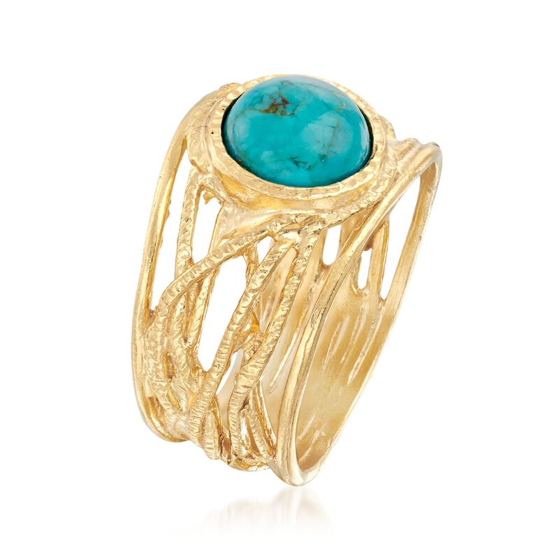 Round Turquoise Textured Openwork Ring in 18kt Gold Over Sterling image number 2