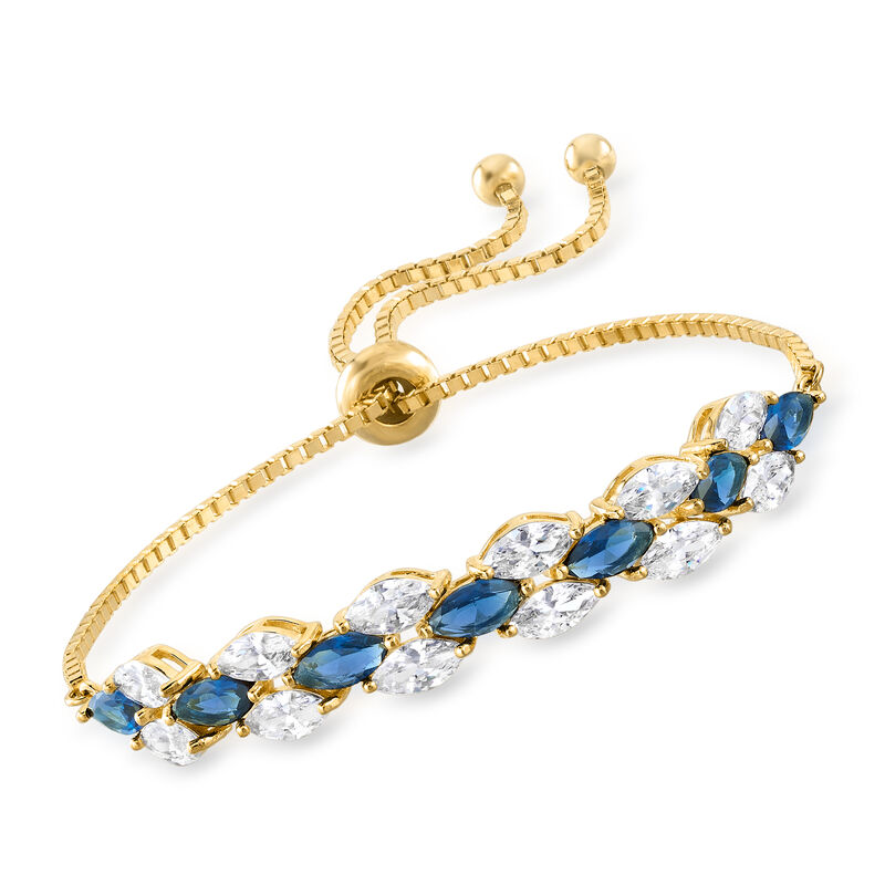 4.25 ct. t.w. Simulated Sapphire and 3.00 ct. t.w. CZ Jewelry Set: Bolo Bracelet and Stud Earrings in 18kt Gold Over Sterling image number 3