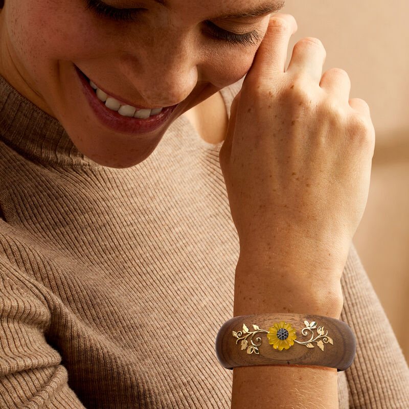 Wooden Sunflower Cuff Bracelet with Yellow Chalcedony, .20 ct. t.w. Black Spinels and 18kt Gold Over Sterling image number 1