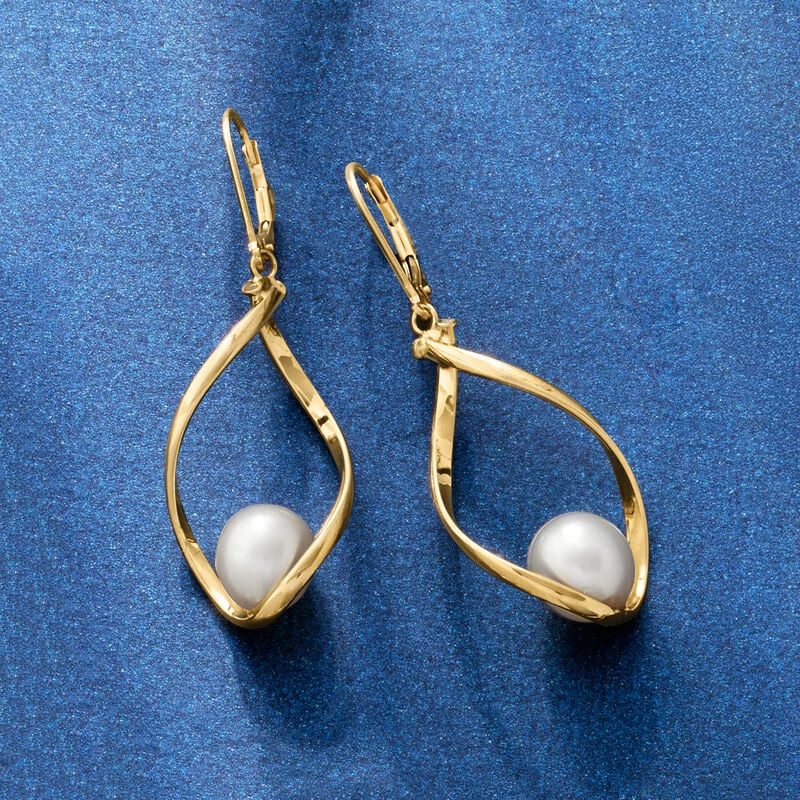 8.5-9mm Cultured Pearl Twisted Drop Earrings in 14kt Yellow Gold image number 2