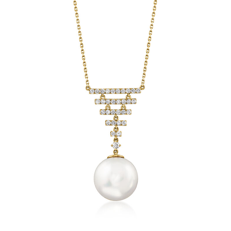 14mm Cultured Pearl and .70 ct. t.w. Diamond Necklace in 14kt Yellow Gold image number 0