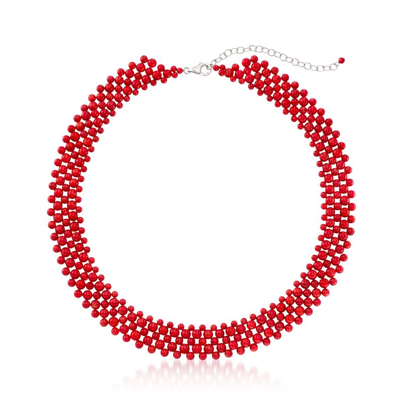 3-5mm Red Coral Bead Collar Necklace in Sterling Silver. 18&quot; image number 1
