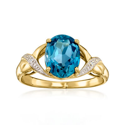 C. 1980 Vintage 3.35 Carat London Blue Topaz Ring with Diamonds in 10kt Two-Tone Gold
