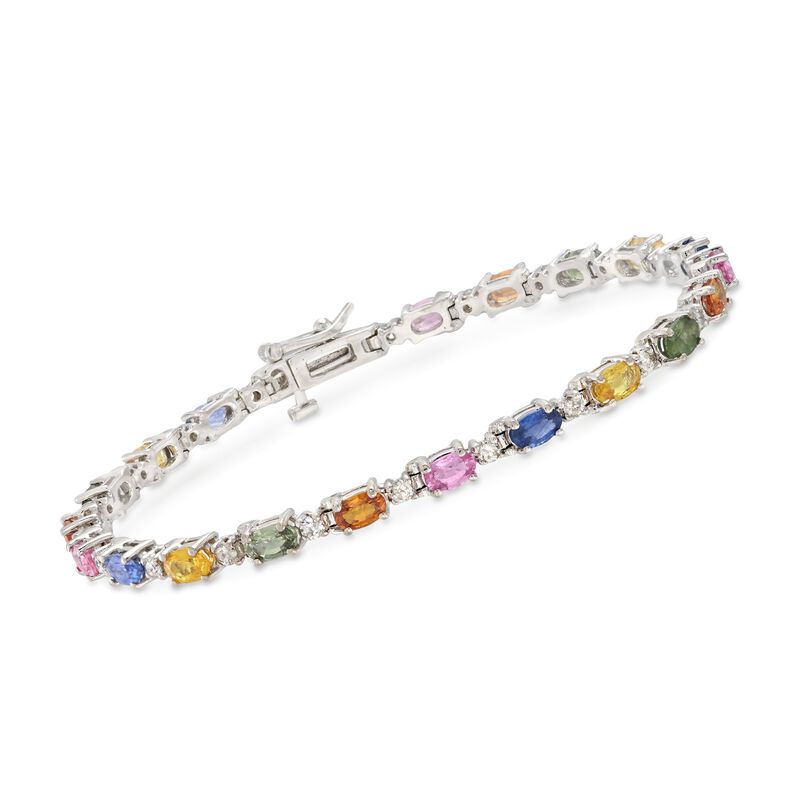 6.00 ct. t.w. Multicolored Sapphire and 1.00 ct. t.w. Diamond Tennis Bracelet in 14kt White Gold. 7&quot; image number 0