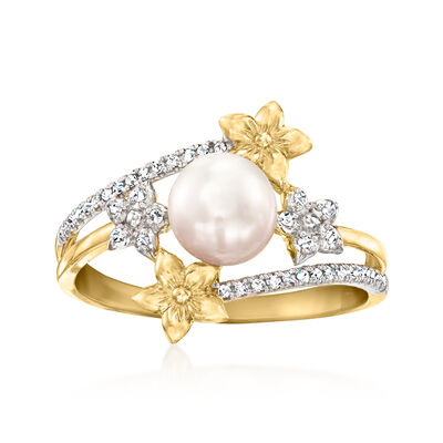 6.5-7mm Cultured Pearl Floral Bypass Ring with .10 ct. t.w. Diamonds in 14kt Yellow Gold
