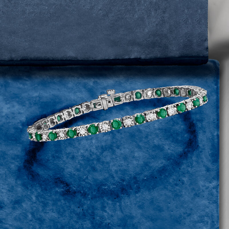 4.80 ct. t.w. Emerald and 1.00 ct. t.w. Diamond Tennis Bracelet in Sterling Silver image number 3