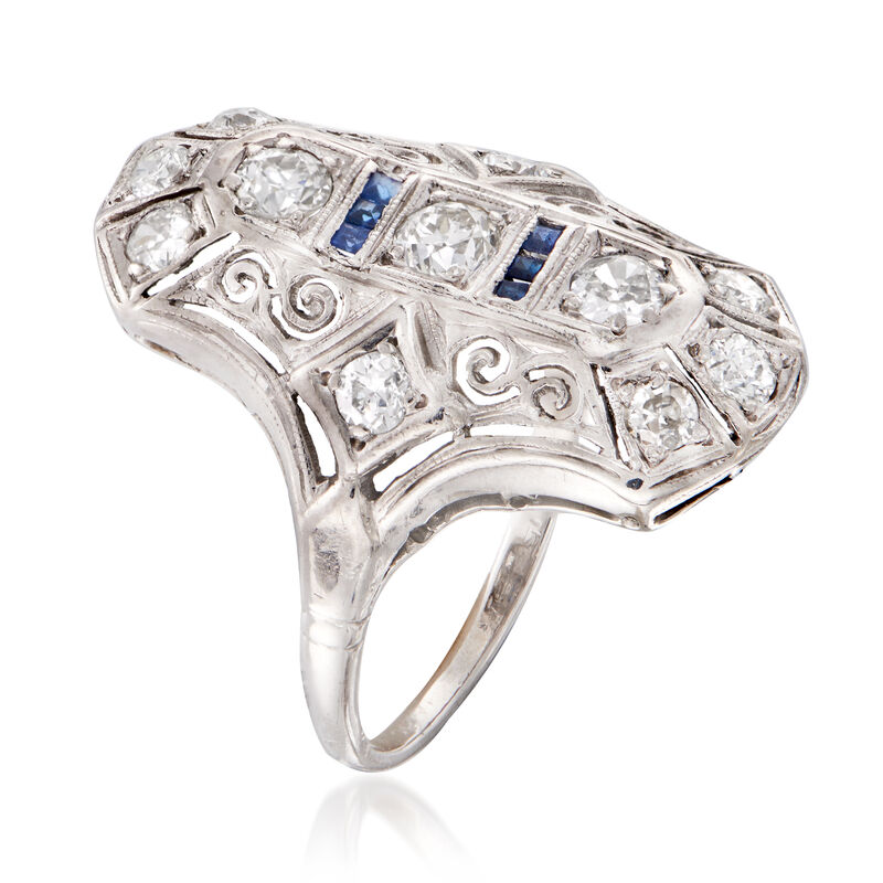 C. 1940 Vintage .85 ct. t.w. Diamond Dinner Ring with Synthetic Sapphire Accents in Platinum image number 2