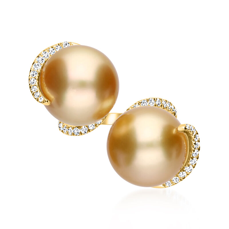 11-12mm Golden Cultured South Sea Pearl Bypass Ring with .48 ct. t.w. Diamonds in 14kt Yellow Gold image number 0