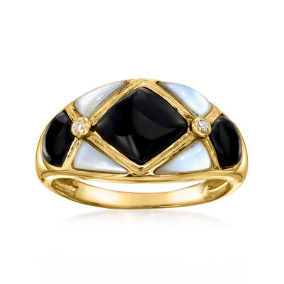 C. 1980 Vintage Onyx and Mother-of-Pearl Inlay Ring with Diamonds in 14kt Yellow Gold