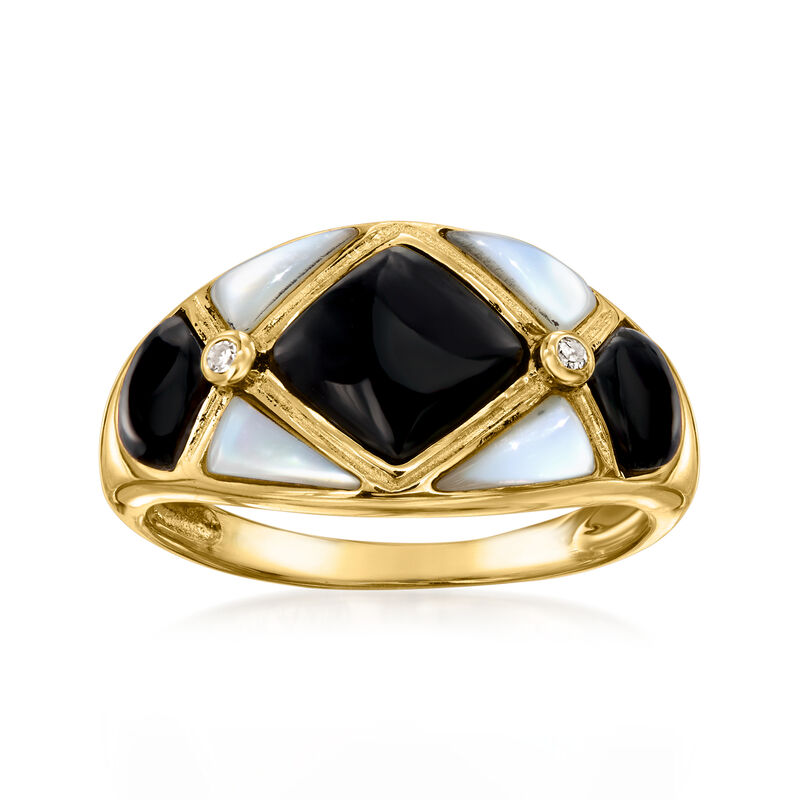 C. 1980 Vintage Onyx and Mother-of-Pearl Inlay Ring with Diamonds in 14kt Yellow Gold. Size 7 image number 0